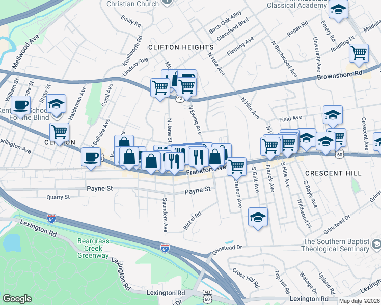 map of restaurants, bars, coffee shops, grocery stores, and more near 2334 Sycamore Avenue in Louisville