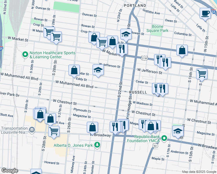 map of restaurants, bars, coffee shops, grocery stores, and more near 2237 West Muhammad Ali Boulevard in Louisville