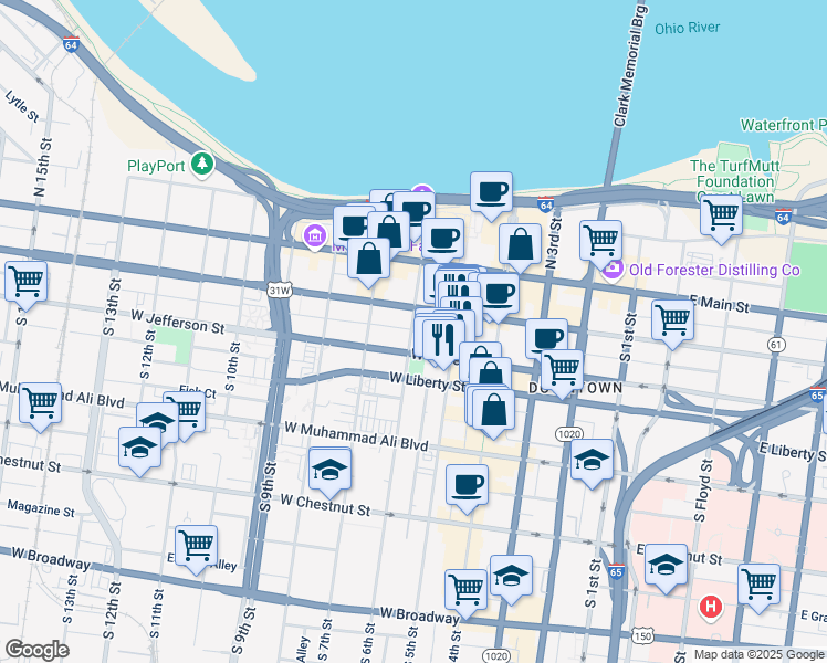 map of restaurants, bars, coffee shops, grocery stores, and more near Oakvista Place in Louisville