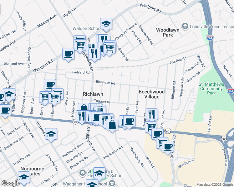 map of restaurants, bars, coffee shops, grocery stores, and more near 207 McArthur Drive in Louisville