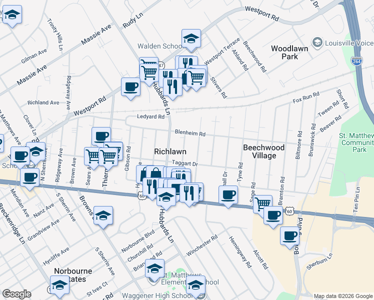 map of restaurants, bars, coffee shops, grocery stores, and more near 205 Bonner Avenue in Louisville