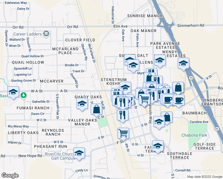 map of restaurants, bars, coffee shops, grocery stores, and more near 103 4th Street in Galt