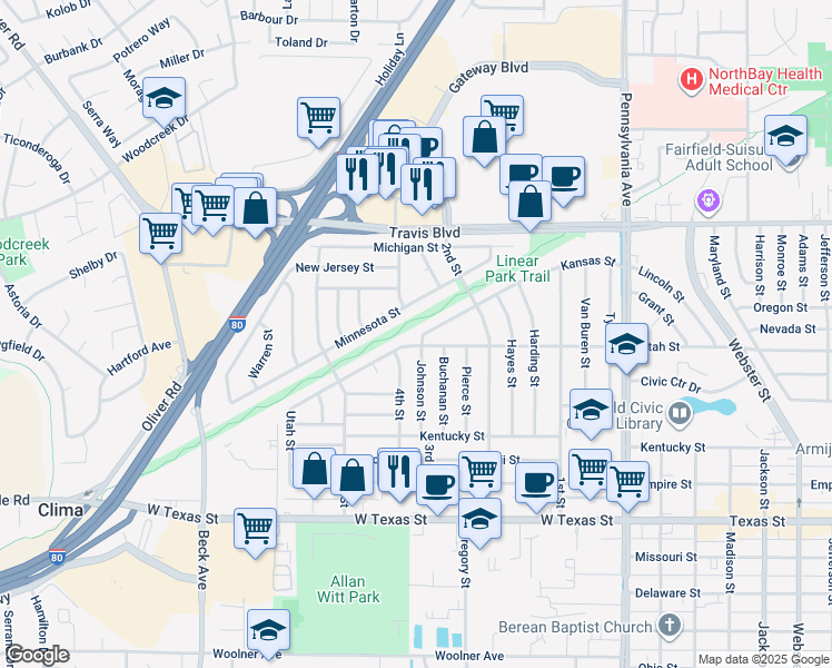 map of restaurants, bars, coffee shops, grocery stores, and more near 1061 Johnson Street in Fairfield