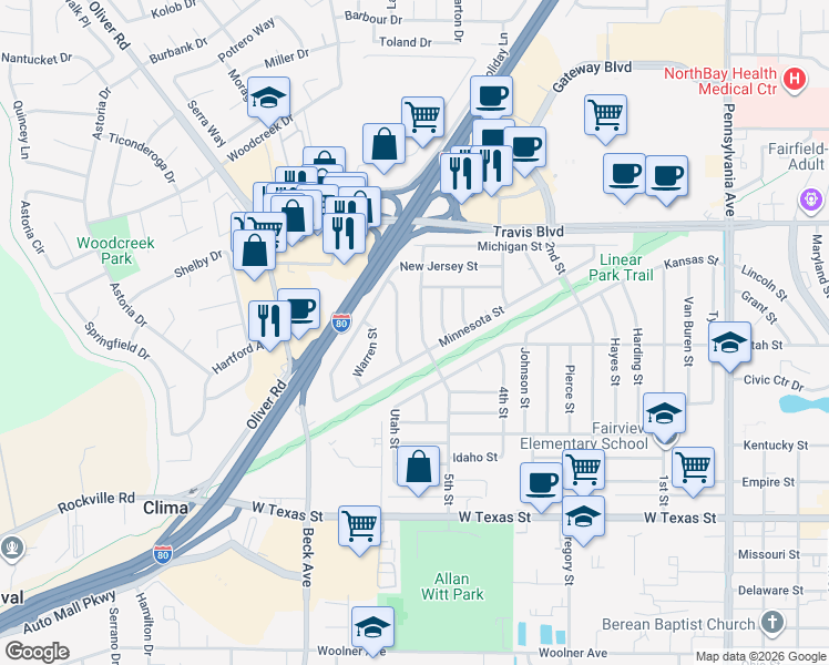 map of restaurants, bars, coffee shops, grocery stores, and more near 1024 Roosevelt Street in Fairfield