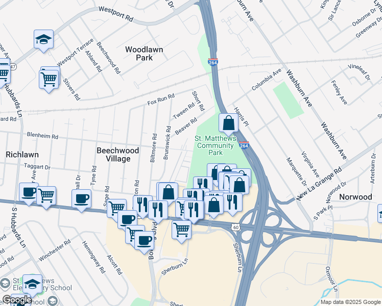 map of restaurants, bars, coffee shops, grocery stores, and more near 4706 Blenheim Road in Saint Matthews