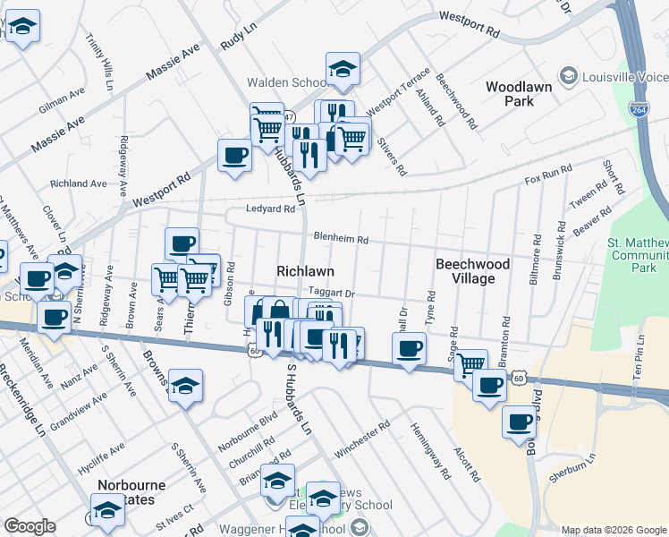 map of restaurants, bars, coffee shops, grocery stores, and more near 205 Bonner Avenue in Louisville
