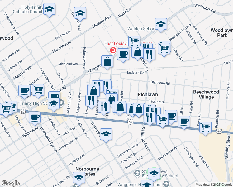 map of restaurants, bars, coffee shops, grocery stores, and more near 145 Thierman Lane in Louisville