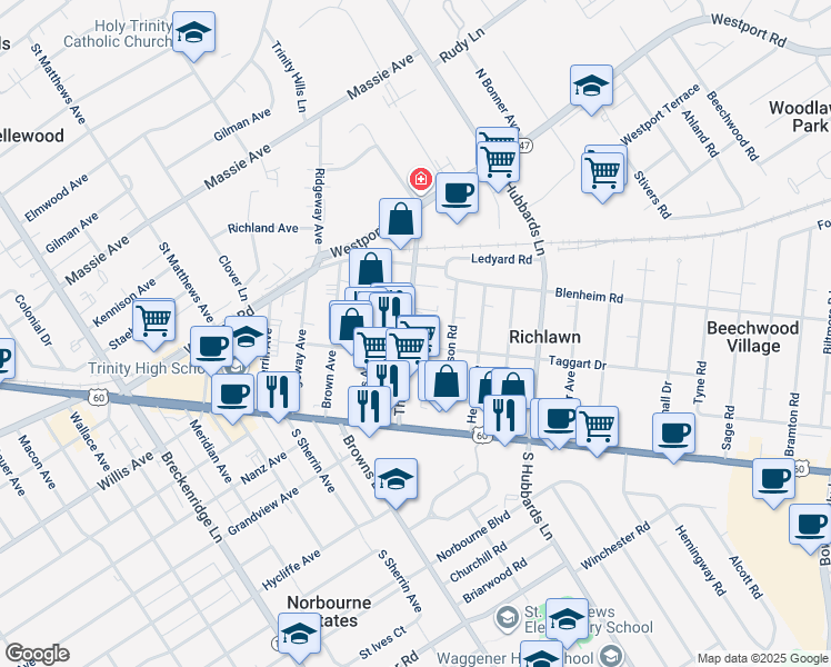 map of restaurants, bars, coffee shops, grocery stores, and more near 145 Thierman Lane in Louisville