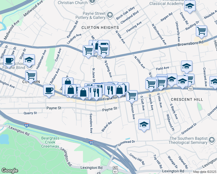 map of restaurants, bars, coffee shops, grocery stores, and more near 2334 Sycamore Avenue in Louisville