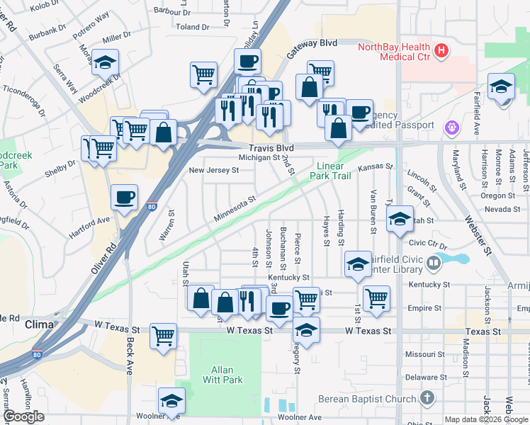 map of restaurants, bars, coffee shops, grocery stores, and more near 1061 Johnson Street in Fairfield