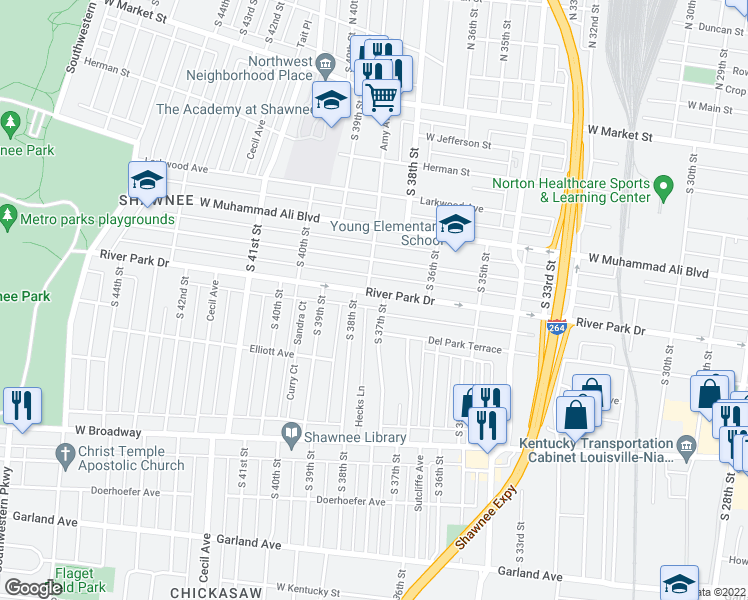 map of restaurants, bars, coffee shops, grocery stores, and more near 3724 River Park Drive in Louisville