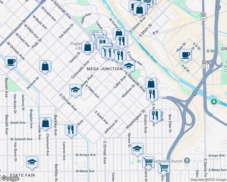 map of restaurants, bars, coffee shops, grocery stores, and more near 400 East Routt Avenue in Pueblo
