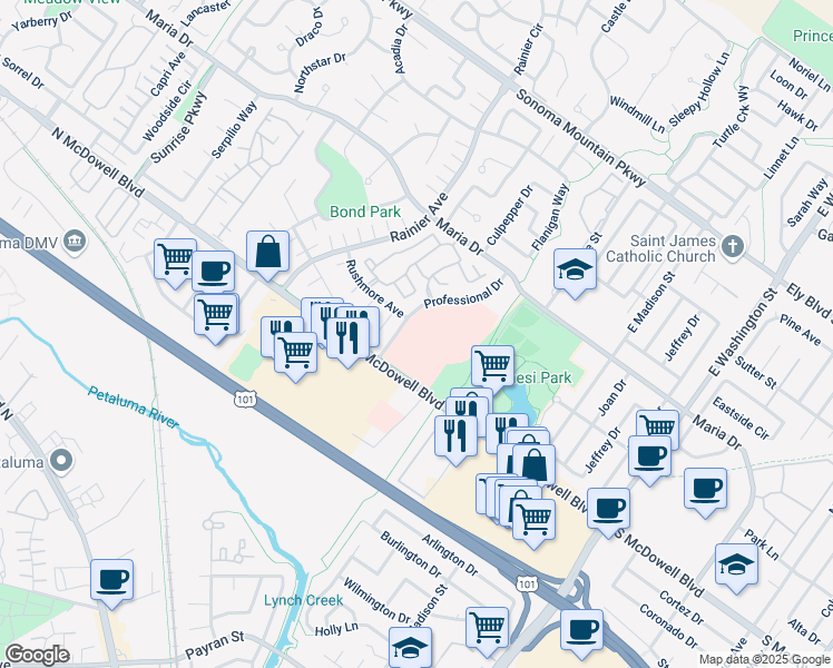 map of restaurants, bars, coffee shops, grocery stores, and more near 1456 Professional Dr in Petaluma