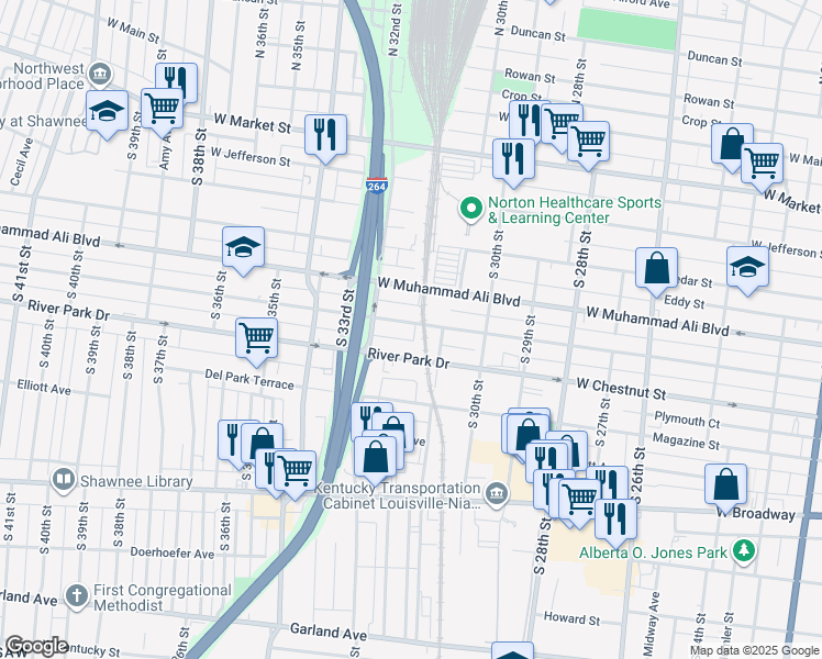 map of restaurants, bars, coffee shops, grocery stores, and more near 3122 Vermont Avenue in Louisville