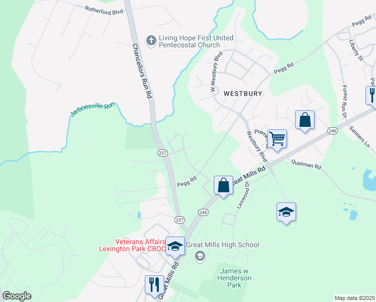 map of restaurants, bars, coffee shops, grocery stores, and more near 21376 Lexington Drive in Great Mills