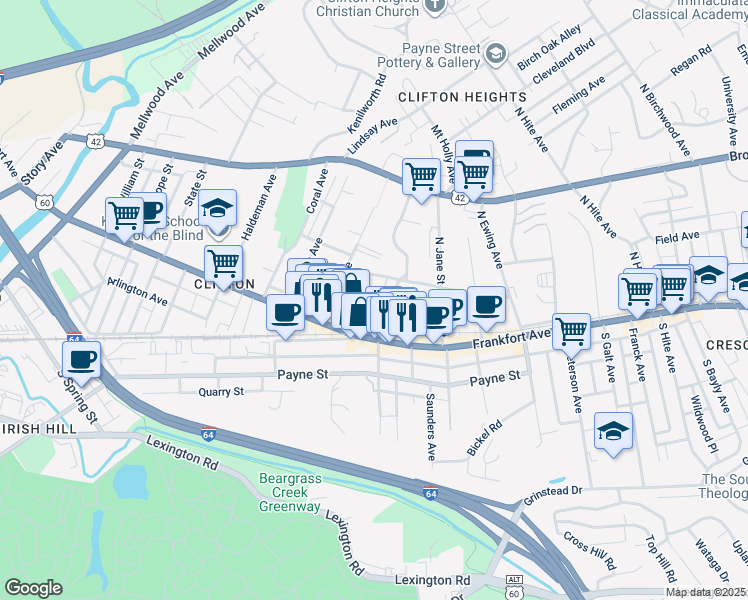 map of restaurants, bars, coffee shops, grocery stores, and more near 122 North Clifton Avenue in Louisville