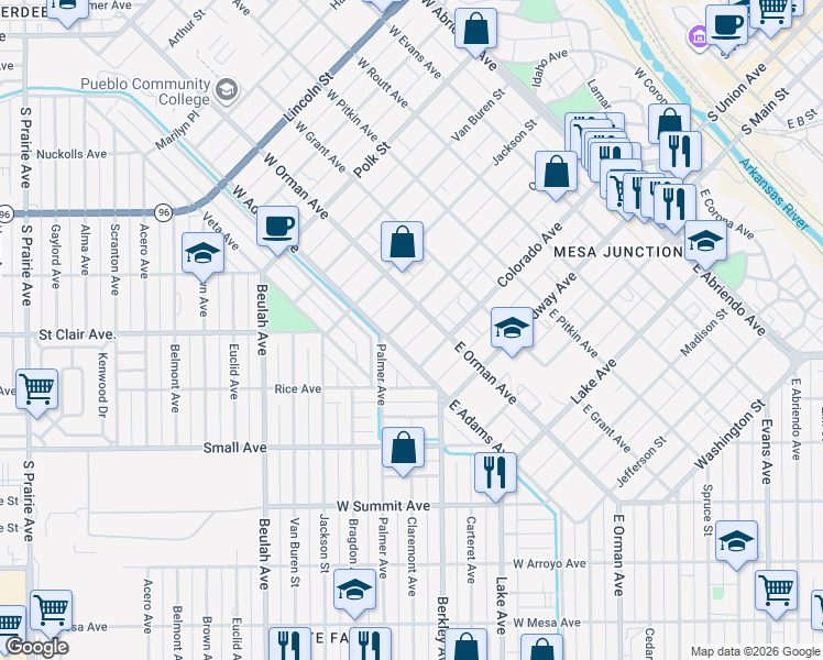 map of restaurants, bars, coffee shops, grocery stores, and more near 124 West Adams Avenue in Pueblo
