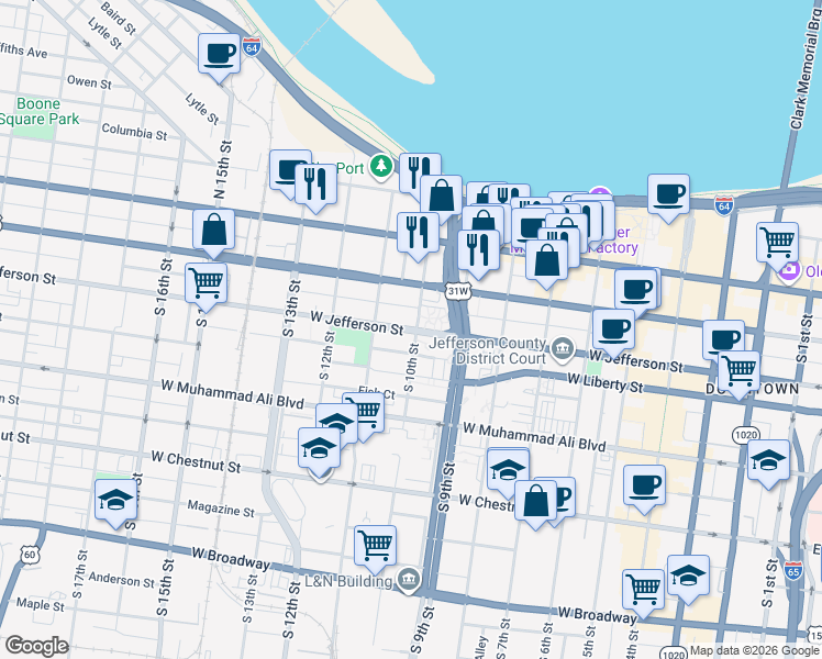 map of restaurants, bars, coffee shops, grocery stores, and more near 1005 West Jefferson Street in Louisville