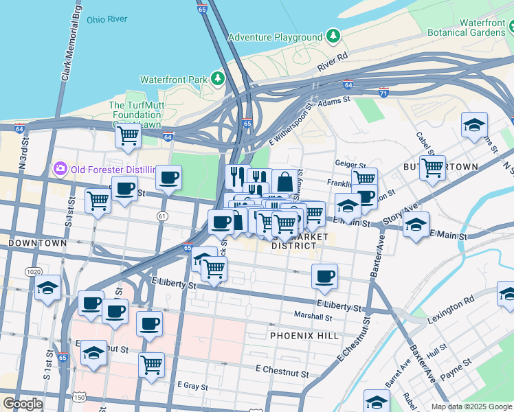 map of restaurants, bars, coffee shops, grocery stores, and more near 633 East Main Street in Louisville