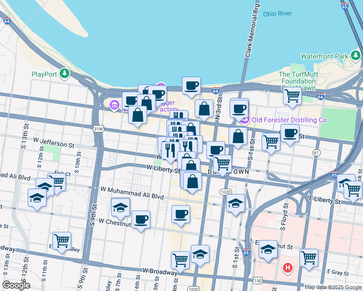 map of restaurants, bars, coffee shops, grocery stores, and more near 400 West Market Street in Louisville