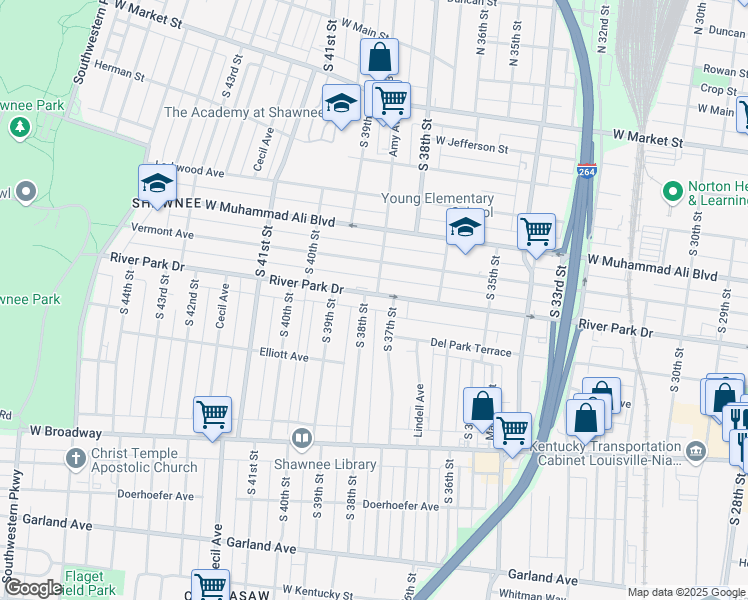 map of restaurants, bars, coffee shops, grocery stores, and more near 3734 River Park Drive in Louisville