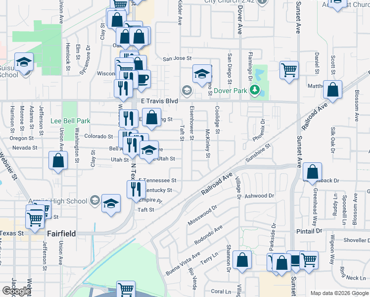 map of restaurants, bars, coffee shops, grocery stores, and more near 1113 Eisenhower Street in Fairfield