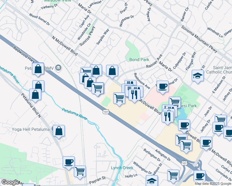 map of restaurants, bars, coffee shops, grocery stores, and more near 429 North McDowell Boulevard in Petaluma