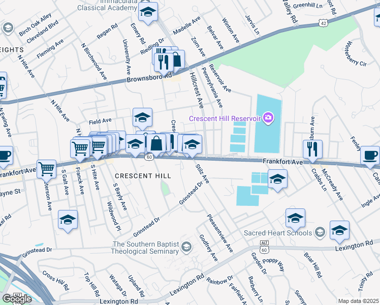 map of restaurants, bars, coffee shops, grocery stores, and more near 2910 Frankfort Avenue in Louisville