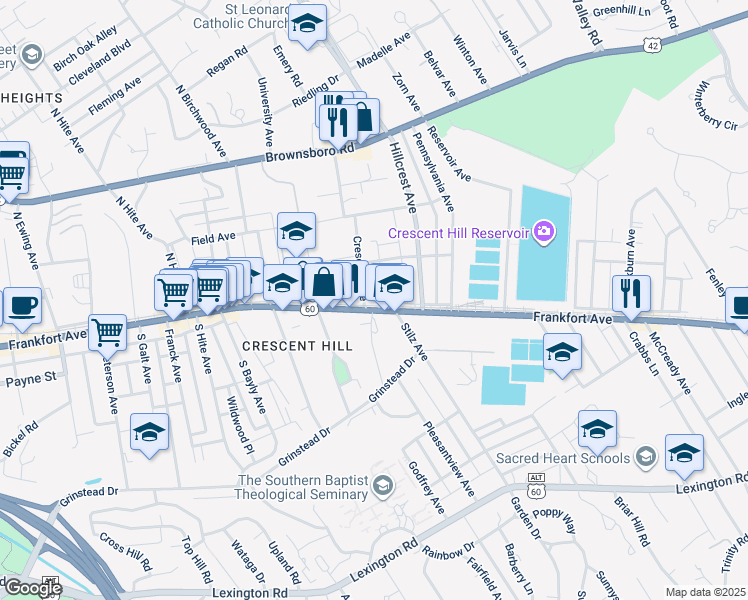 map of restaurants, bars, coffee shops, grocery stores, and more near 2910 Frankfort Avenue in Louisville