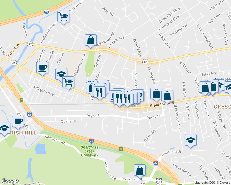 map of restaurants, bars, coffee shops, grocery stores, and more near 2133 Frankfort Avenue in Louisville