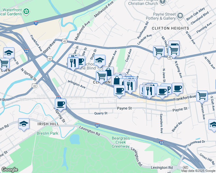 map of restaurants, bars, coffee shops, grocery stores, and more near 123 Waverly Court in Louisville
