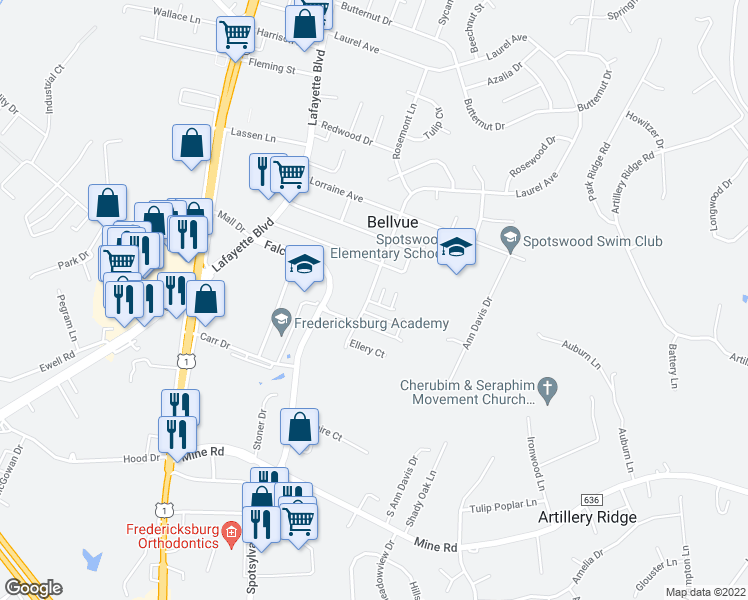 map of restaurants, bars, coffee shops, grocery stores, and more near 4517 Bancroft Road in Fredericksburg