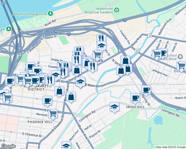 map of restaurants, bars, coffee shops, grocery stores, and more near 1200 Story Avenue in Louisville