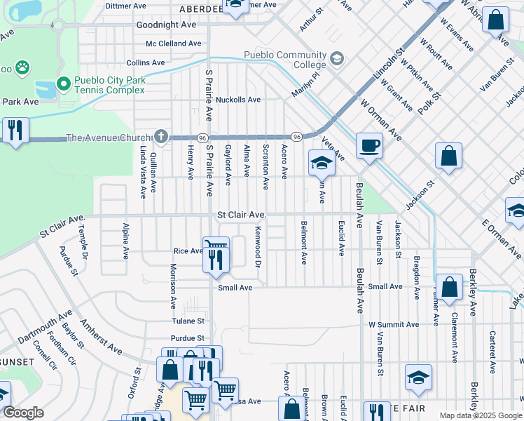 map of restaurants, bars, coffee shops, grocery stores, and more near 2503 Saint Clair Avenue in Pueblo