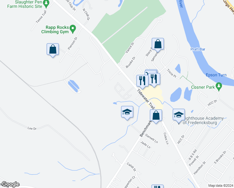 map of restaurants, bars, coffee shops, grocery stores, and more near 10910 Coreys Way in Fredericksburg