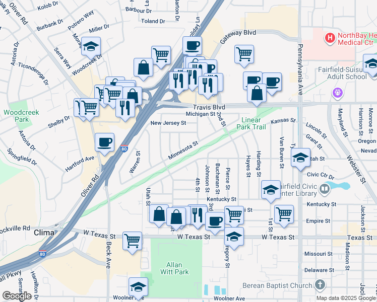 map of restaurants, bars, coffee shops, grocery stores, and more near 1661 Minnesota Street in Fairfield