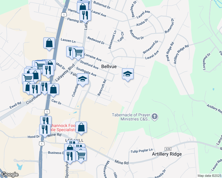 map of restaurants, bars, coffee shops, grocery stores, and more near 4507 Garfield Court in Fredericksburg