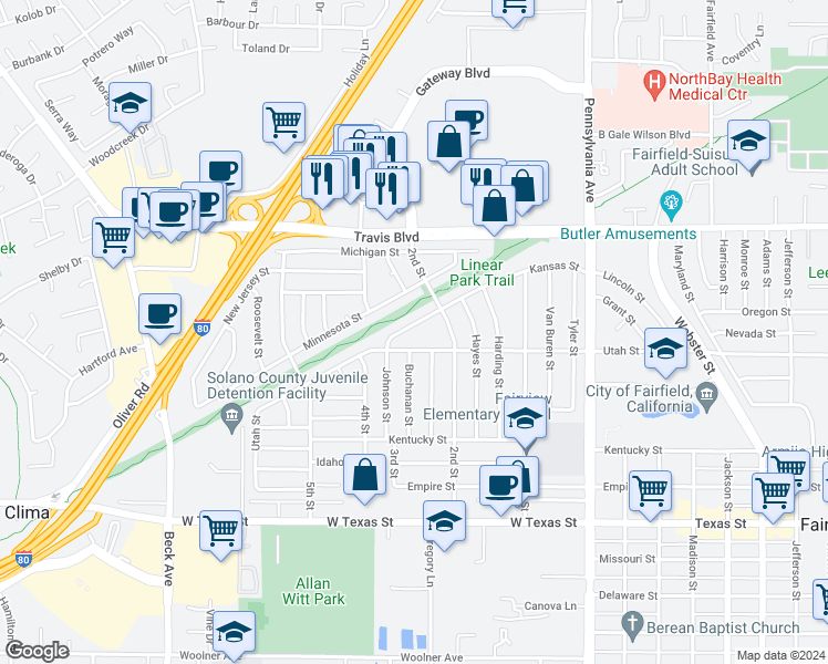 map of restaurants, bars, coffee shops, grocery stores, and more near 1537 Kansas Street in Fairfield