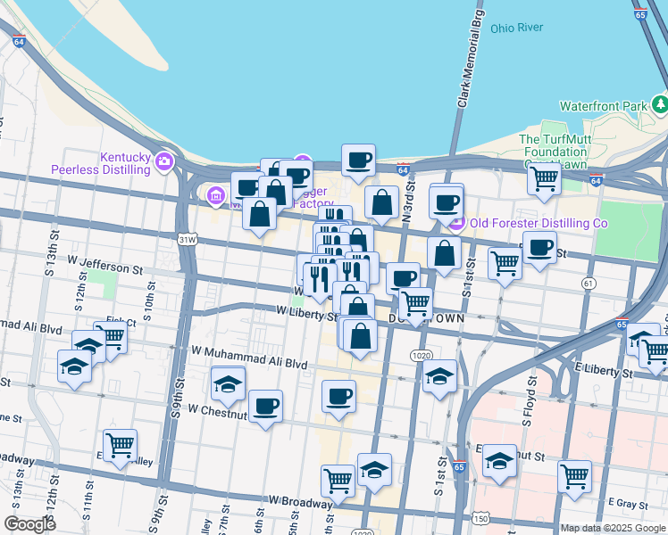 map of restaurants, bars, coffee shops, grocery stores, and more near 400 West Market Street in Louisville