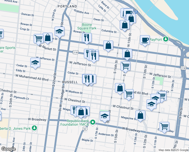 map of restaurants, bars, coffee shops, grocery stores, and more near Cedar Street in Louisville