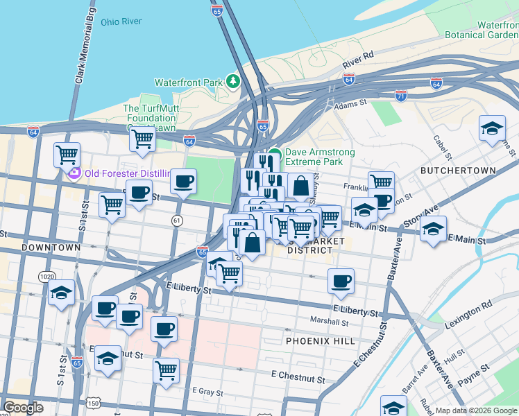 map of restaurants, bars, coffee shops, grocery stores, and more near 101 South Hancock Street in Louisville