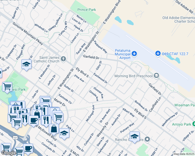 map of restaurants, bars, coffee shops, grocery stores, and more near 408 Ely Boulevard South in Petaluma
