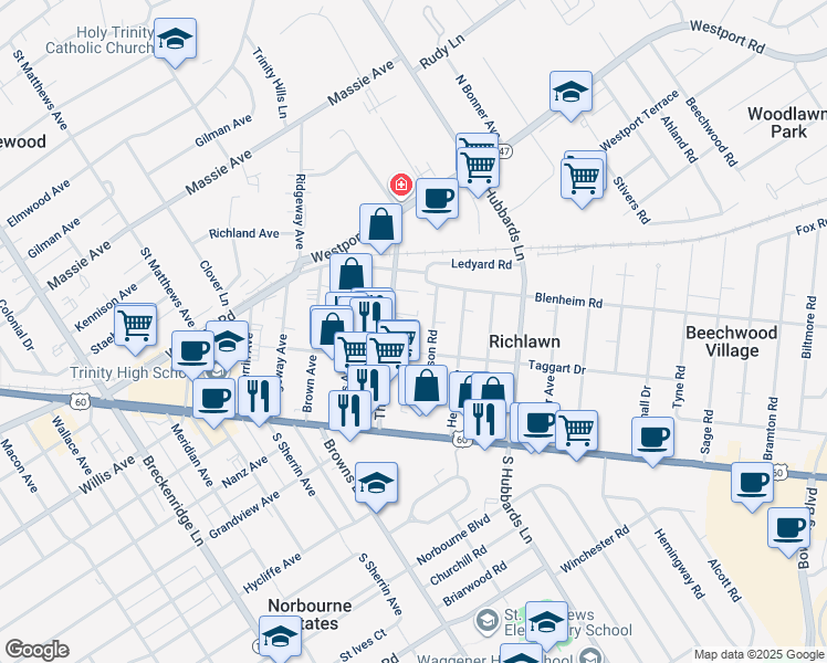 map of restaurants, bars, coffee shops, grocery stores, and more near 145 Thierman Lane in Louisville
