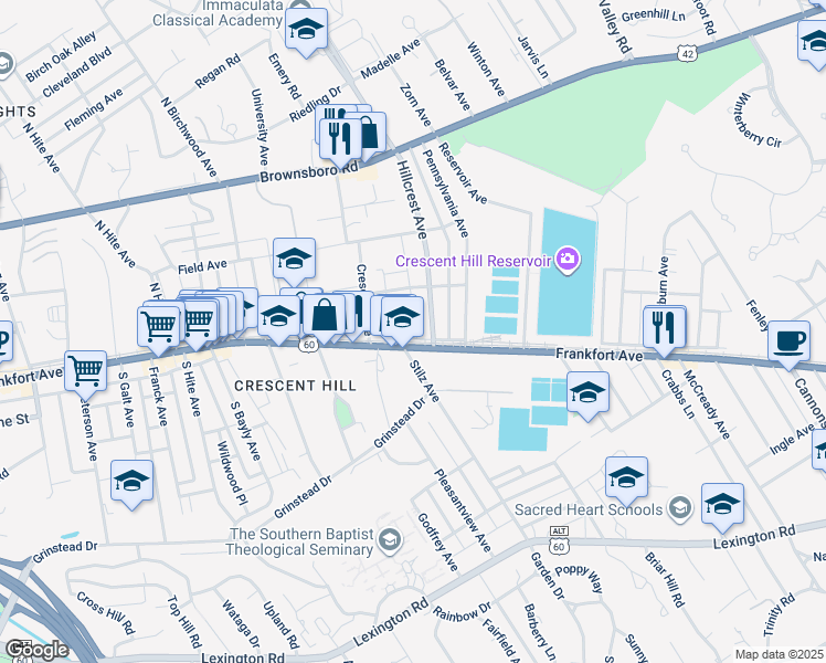 map of restaurants, bars, coffee shops, grocery stores, and more near in Louisville
