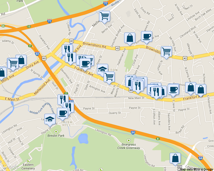 map of restaurants, bars, coffee shops, grocery stores, and more near 121 Haldeman Avenue in Louisville