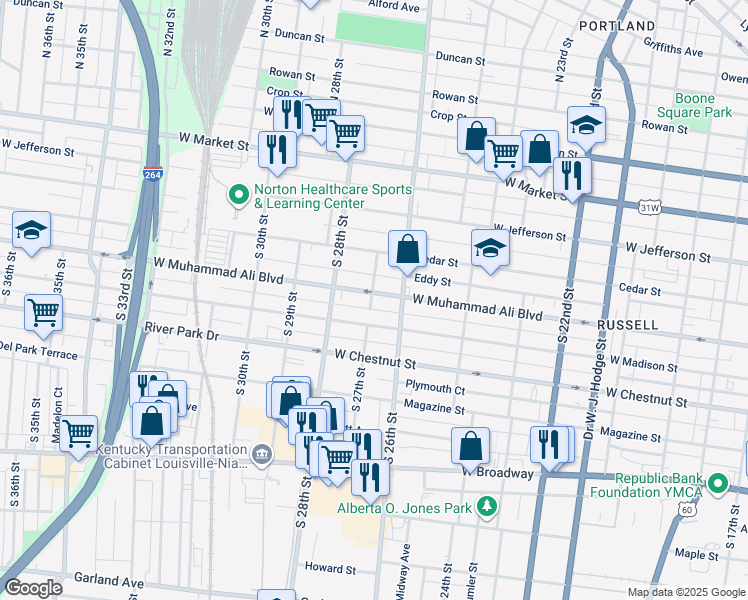 map of restaurants, bars, coffee shops, grocery stores, and more near 2625 West Madison Street in Louisville