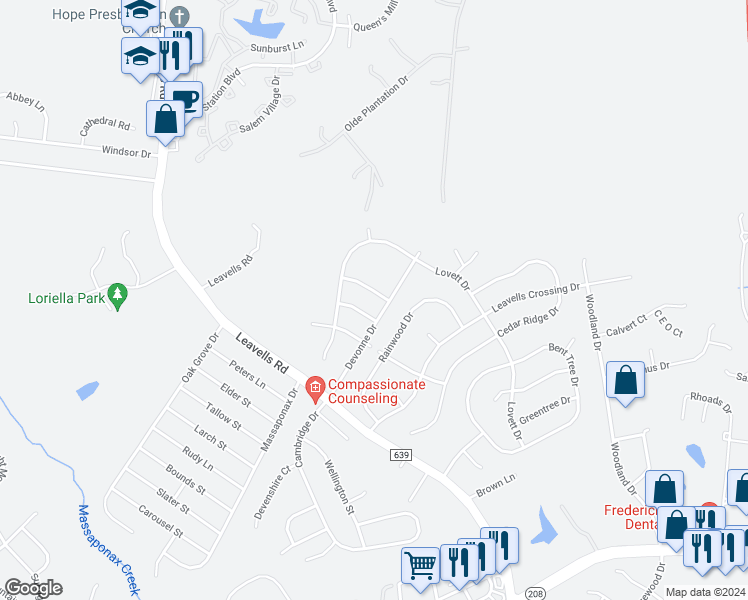 map of restaurants, bars, coffee shops, grocery stores, and more near 5400 Lee White Lane in Fredericksburg