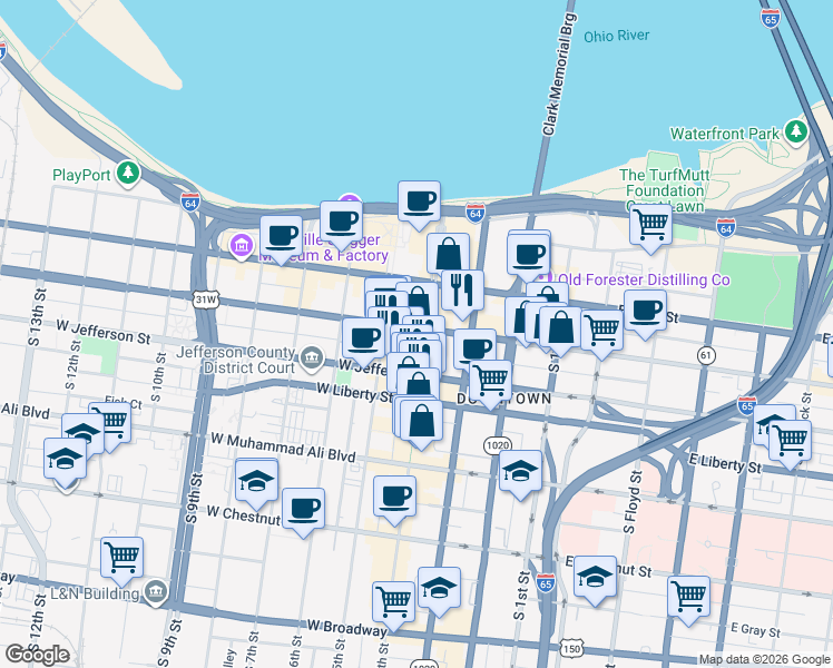 map of restaurants, bars, coffee shops, grocery stores, and more near 400 West Market Street in Louisville
