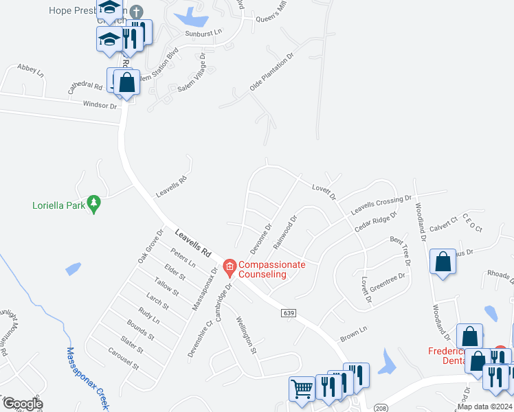 map of restaurants, bars, coffee shops, grocery stores, and more near 5407 Sean Drive in Fredericksburg