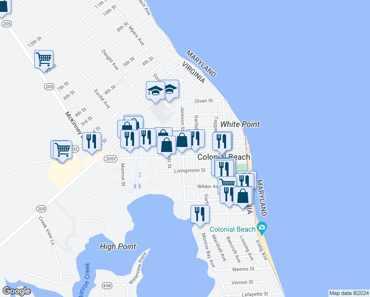 map of restaurants, bars, coffee shops, grocery stores, and more near 507 Jackson Street in Colonial Beach